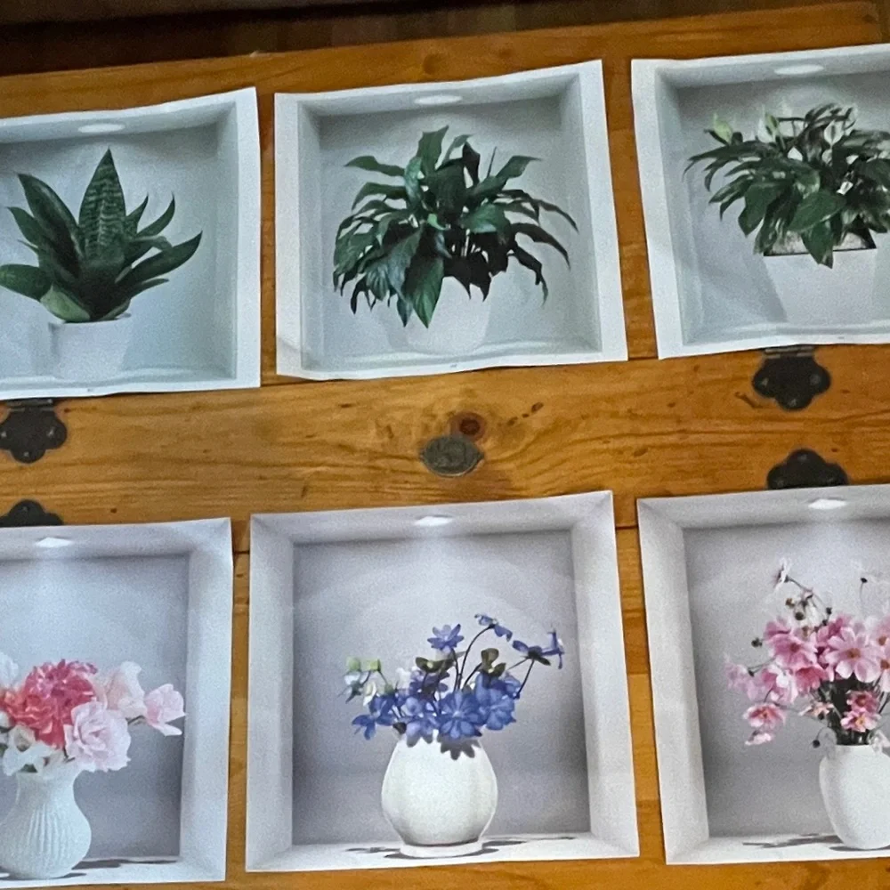 3D wall stickers 12”x12” Plants and flowers in a vase 6 stickers NEW